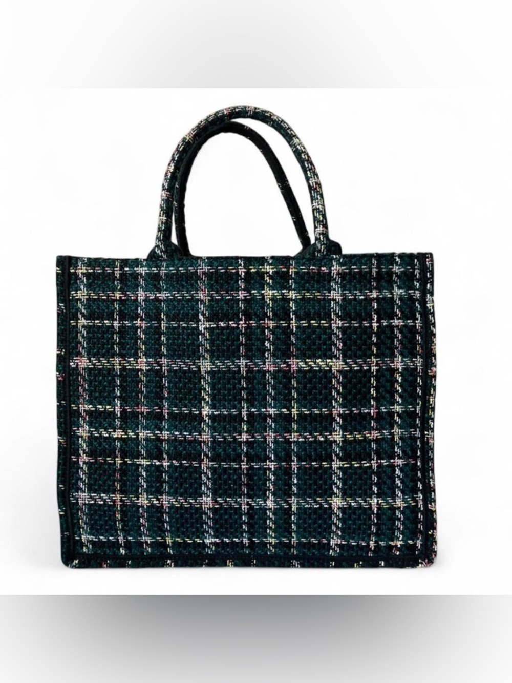 Urban Expressions Tweed Plaid Tote Bag Green Structured Carryall - Picture 2 of 9